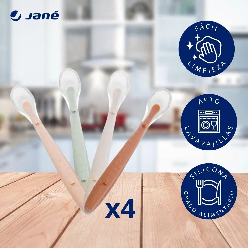 Jané Cucharas de Silicona Bebé, 4 pcs Cuchara Aprendizaje, Punta Silicona Blanda, Libre BPA, Apto Lavavajillas, Color Sunset