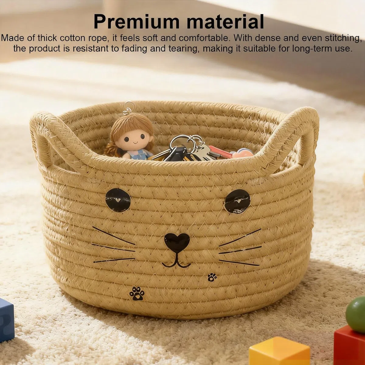 Cestas Almacenaje Pequeña, Cesta de Almacenamiento con forma de gato, Cestas Bebe de Cuerda de Algodón, aprox. 21 x 12 cm, para Guardar Toallas, Juguetes y Cosméticos (Color Caramel)