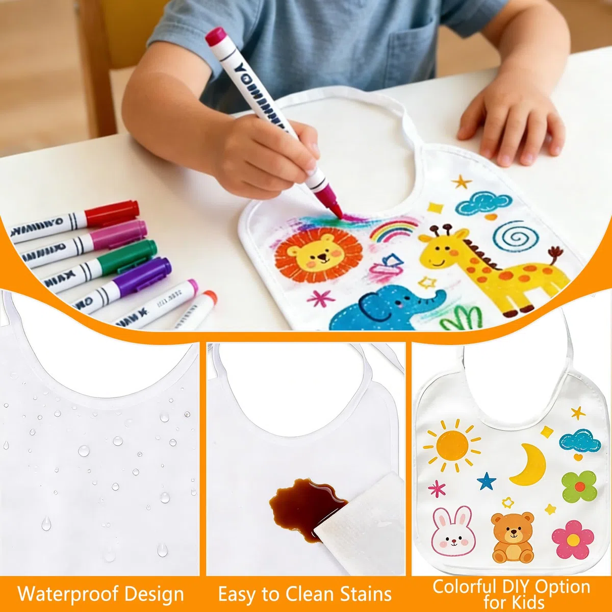 Baberos para Pintar, 12 Unidades Blancas con 12 Marcadores de Tela y 3 Plantillas, Baberos de Bebé Impermeables de Algodón, Regalo Creativo para Baby Shower