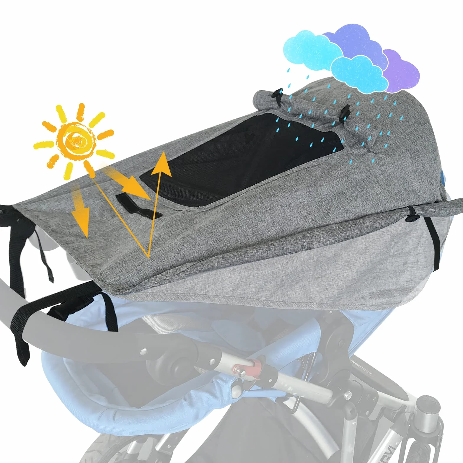 WD&CD Parasoles para Silla de Paseo, Impermeable Funda para Cochecito de Bebé, Toldo Oscuro Universal para Bebés Cochecitos- Parasol Ajustable con Protección UV 50+, Gris