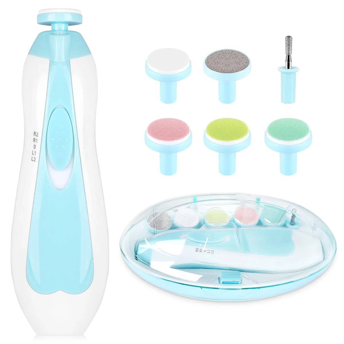 Lima de uñas eléctrica para bebés, cortaúñas 8 en 1 seguro, con 6 cabezales de pulido y luz, kit de cuidado de uñas para todas las edades (azul 1)