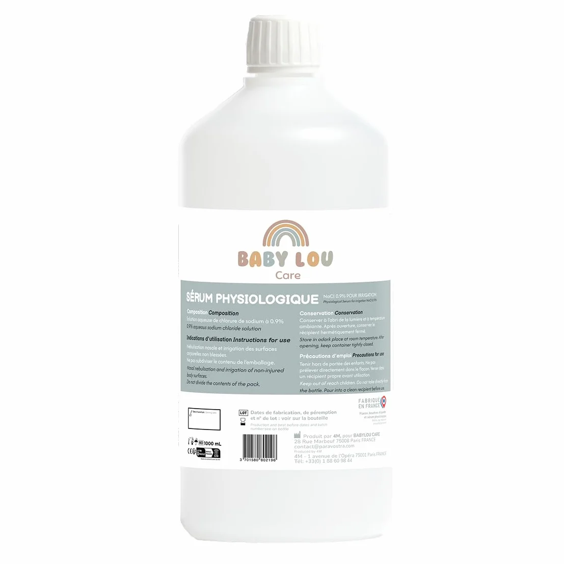 Suero Fisiológico Botella 1L | NaCl 0,9% | Fabricado en Francia | Lavado de fosas nasales | Higiene de la nariz | Para irración externa