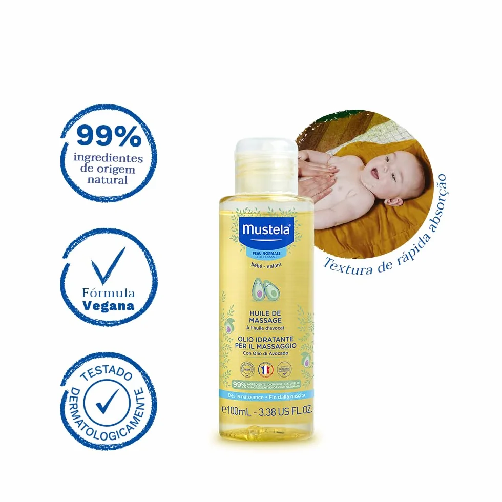 Mustela Aceite Hidratante de Masaje Infantil con Aguacate, Granada, Girasol, Cuerpo para Bebés y Familia - Hidrata y Mantiene la Piel Suave, 99% Ingredientes de Origen Natural (100ml)