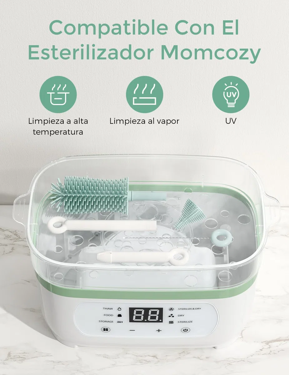 Momcozy Juego de cepillos 7 en 1 para biberones, Kit Completo de Limpieza de biberones con Cepillo de Silicona, Cepillo para pezón, Cepillo para Pajita, dispensador de jabón y Estante de Secado