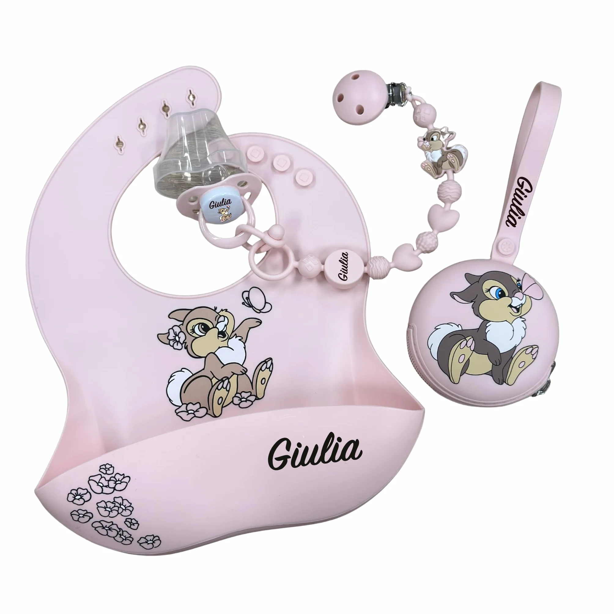 Cadena para chupete de silicona personalizada con nombre – Modelo Bubble Charm – Clip seguro – Idea regalo nacimiento – Conejita – Ultra ligera