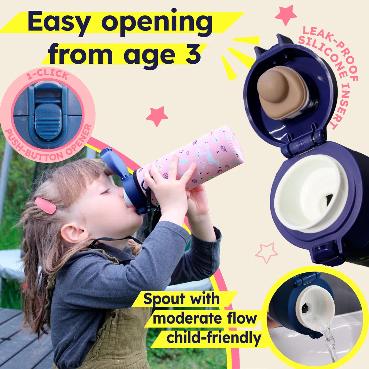Botella isotérmica infantil de acero inoxidable, 100% antifugas, 350 ml + bolsa con nombre personalizable, caño vertedor e higiene que una paja, regalo de niña o niño, pequeña botella termo