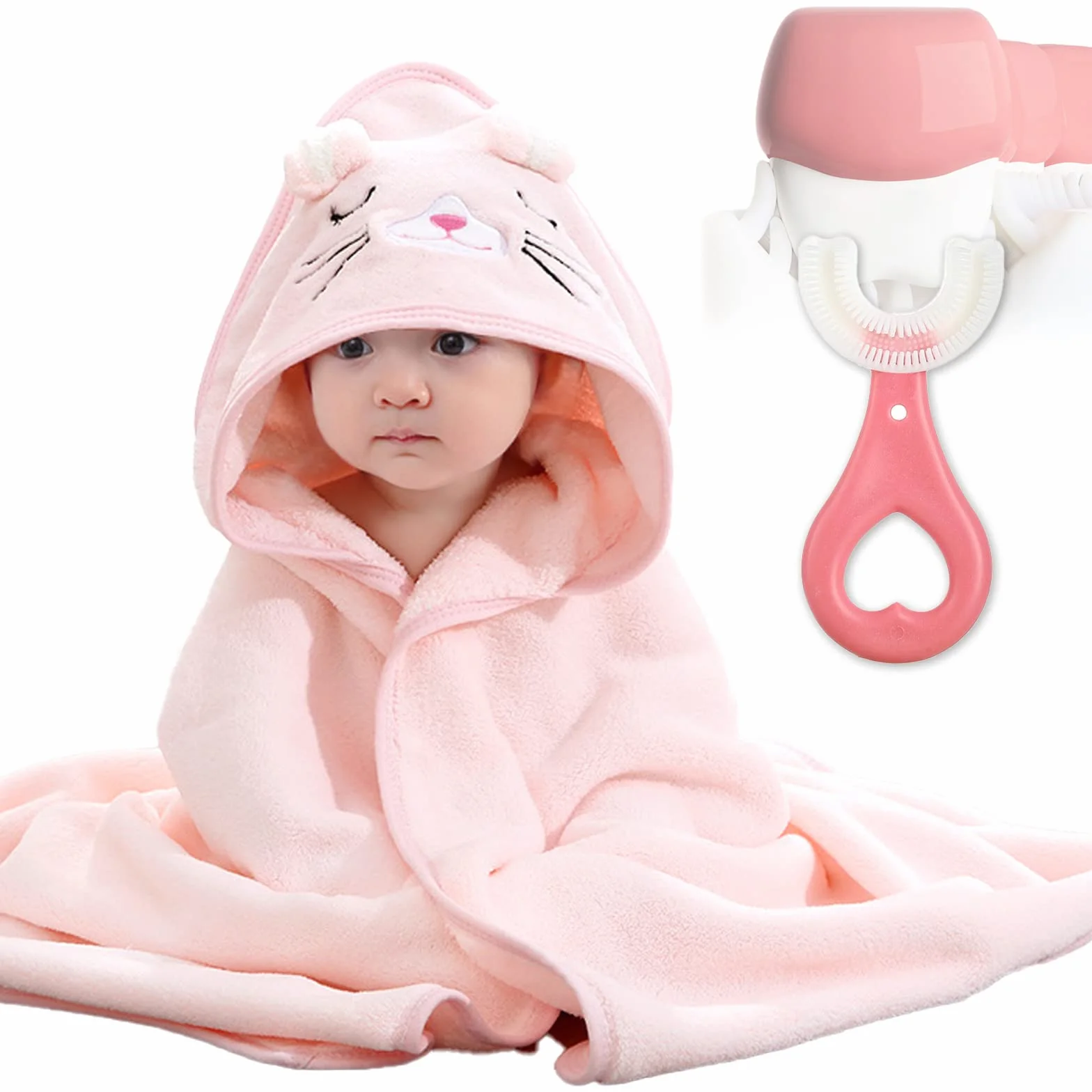 DKDDSSS 2PCS Toallas de Baño para Bebé con Capucha, Suave y Absorbente, Juego Infantil, Regalos para Recién Nacidos, Niño y Niña, Rosa