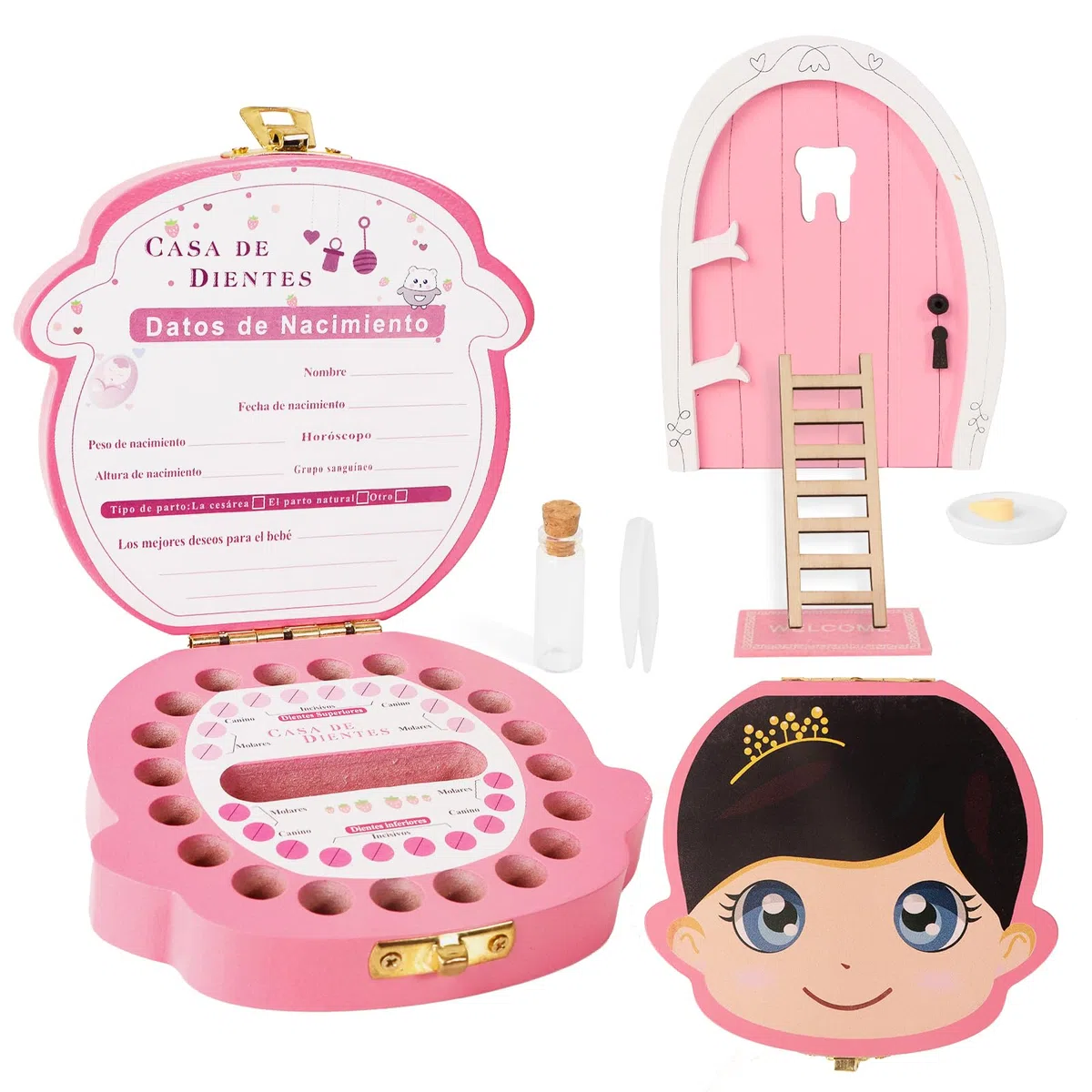 GEBETTER Caja Dientes de Leche Niña en Español + Puerta Pérez Ratoncito, Cajita Madera Guardar Dientes, Pinzas, Botecito, Puerta, Felpudo, Escalera, Queso y Plato, Regalo Niña 5 6 7 8 9 Años (Rosa)