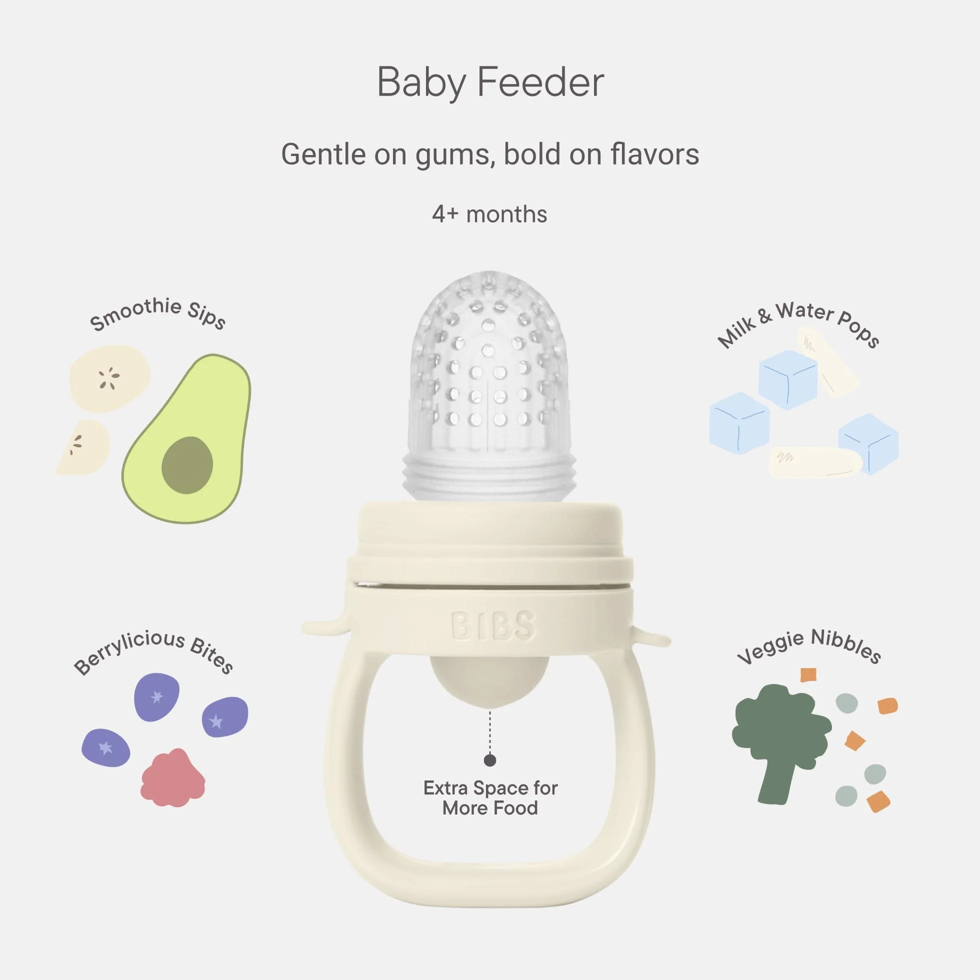 Alimentador para bebés BIBS con 2 tetinas de silicona, compatible con bandeja para congelador, fácil agarre, sin BPA, a partir de los 4 meses - Fossil grey