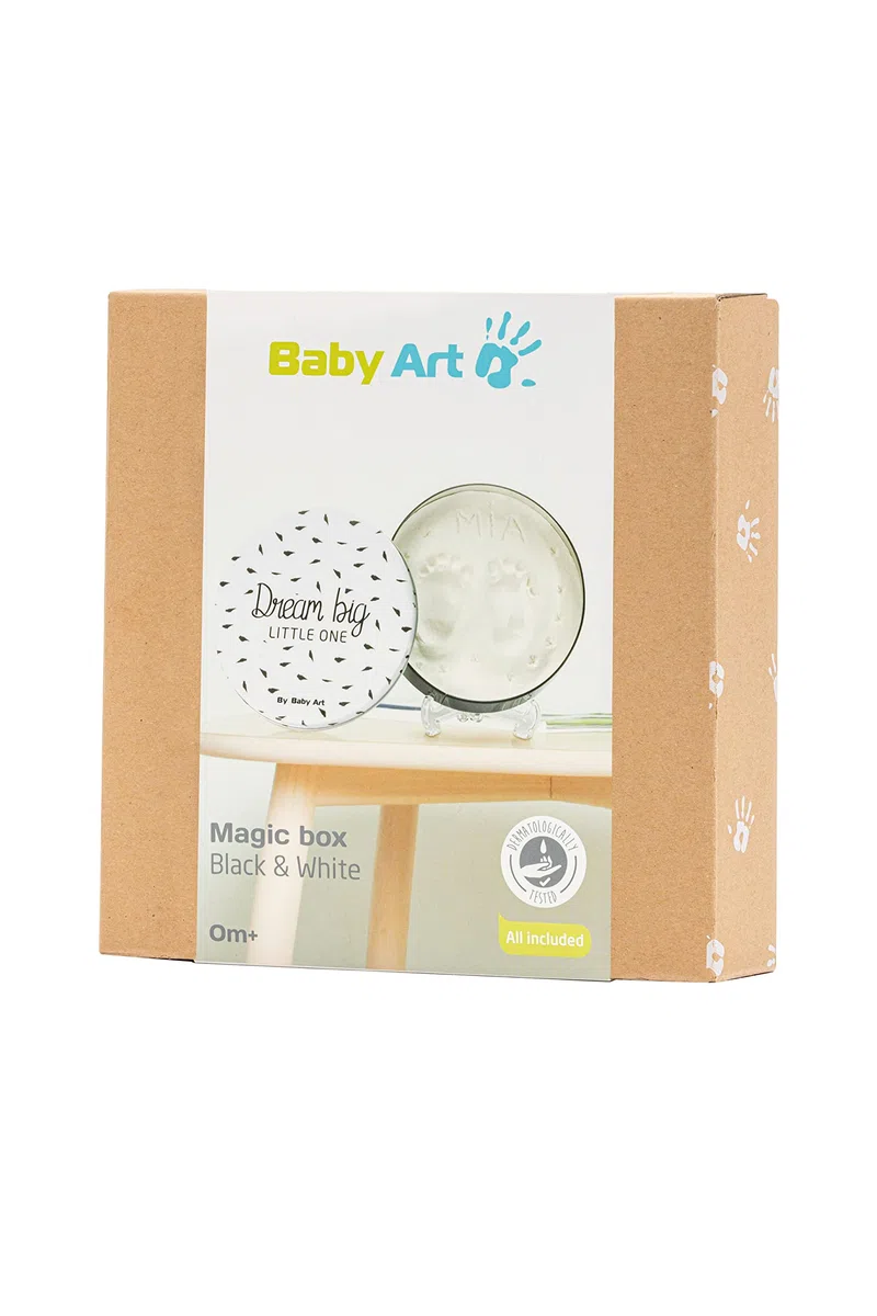 Baby Art Magic Box White and Black - Caja redonda de metal con kit de pasta moldeable, kit de huellas de manos y pies de bebé, regalo para nacimiento o bautizo, Blanco y negro