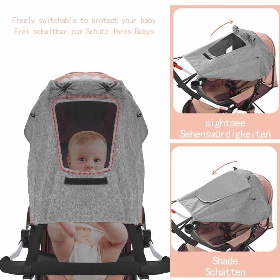 Sombrilla universal para niñera con protección UV 50+, asiento para bebé, impermeable, ventana y visera