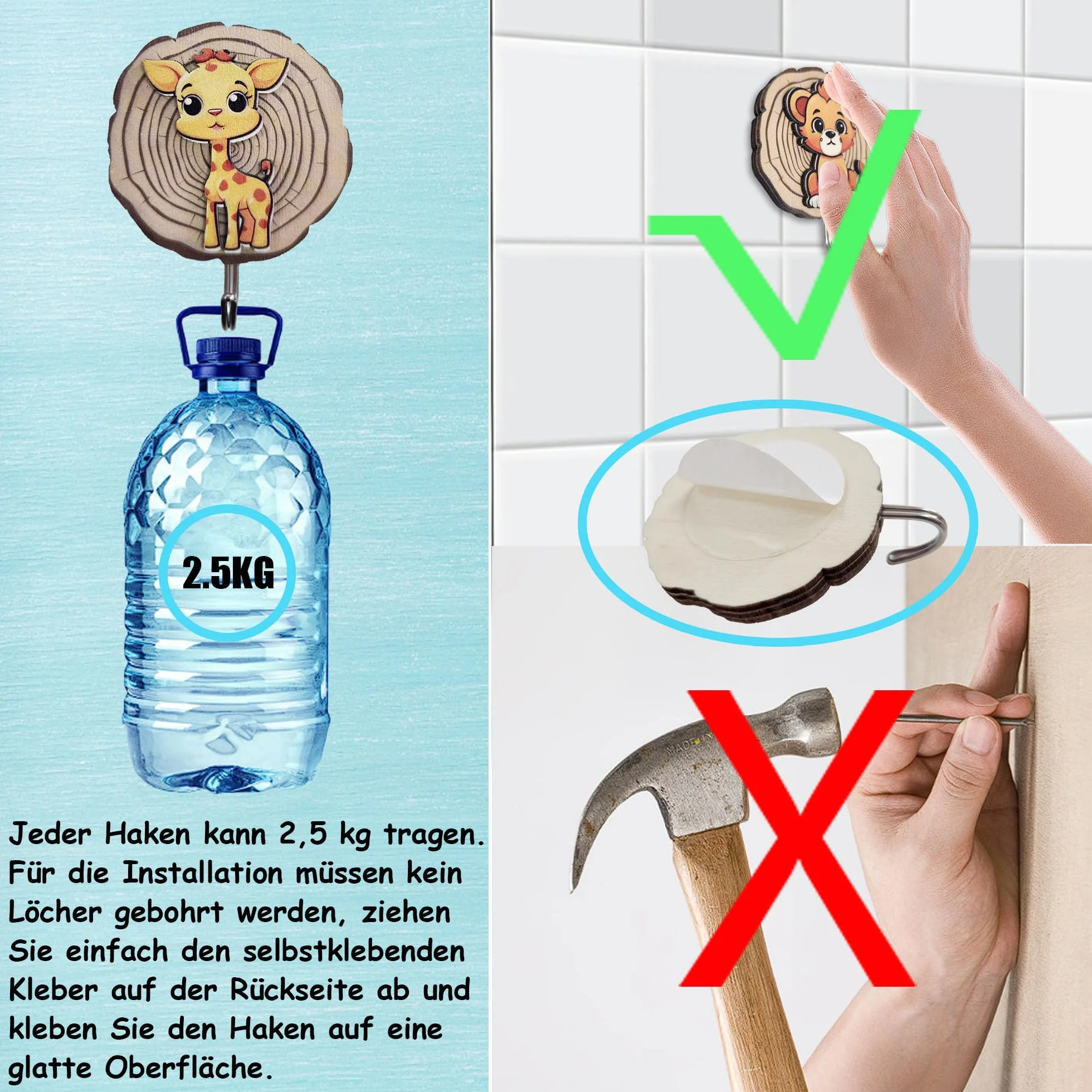 6 unidades de percheros infantiles, ganchos para ropa para niños en forma de animal, ganchos autoadhesivos, ganchos de pared de madera, sin taladrar, armario de habitación infantil, regalo