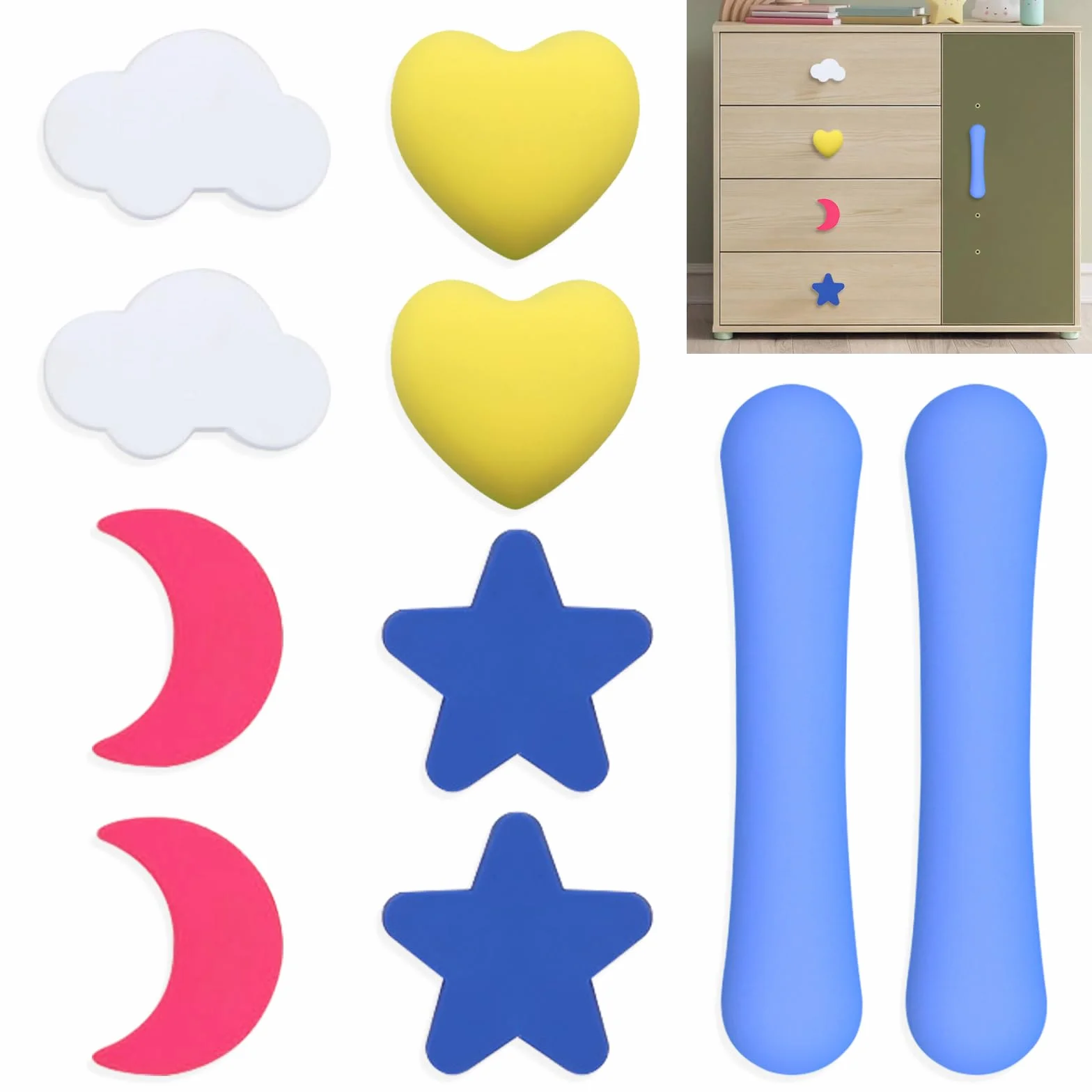Tiradores para Armarios Infantiles, 10 Pcs Tiradores Cajones con Tornillos Mango Anticolisión de Goma Blanda de Cielo Estrellado de Dibujos Animados para Muebles de Dormitorio Infantiles