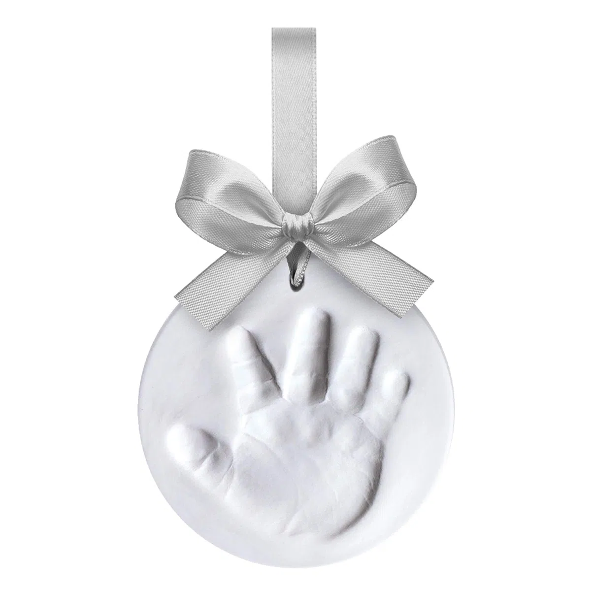 Dooky Happy Hands Ornament Juego de huellas de mano o de pie para un bebé como recordatorio (diámetro: 10,5 cm, fácil de manejar, incluye arcilla de modelar y cinta para la piel), plata