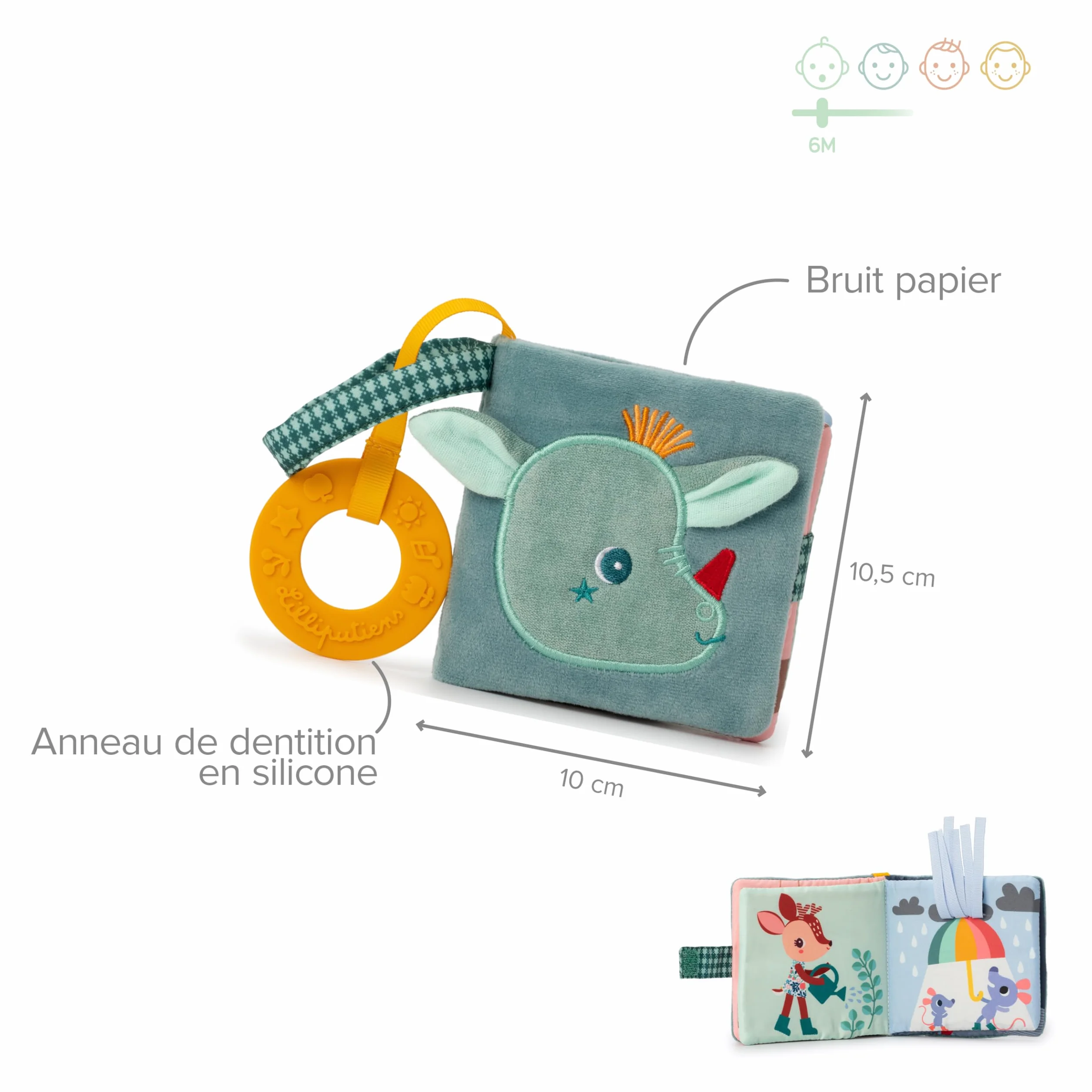 Lilliputiens - Primer Libro de Tela para bebés Joe el Dragón - Libro de despertar interactivo con anillo de dentición y actividades sensoriales - Primer libro para estimular a los bebés- 6 meses,83496