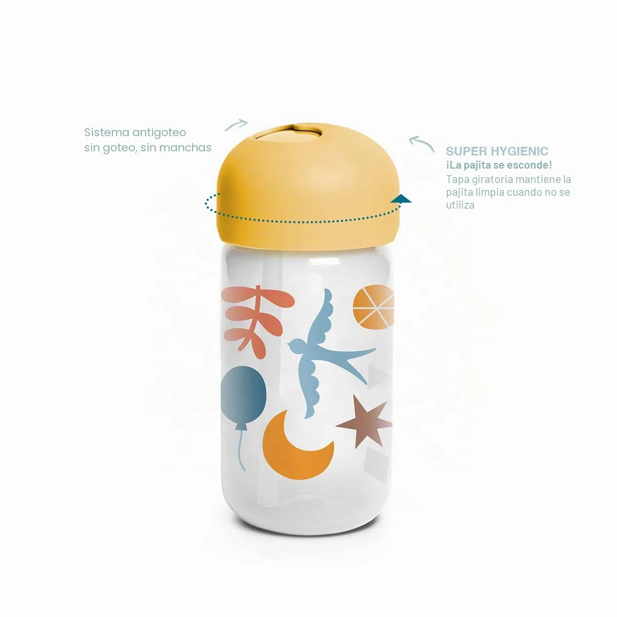 SUAVINEX, Vaso Aprendizaje para Bebés, Vaso Pajita de Silicona Suave y Flexible, con Sistema Antiderrame y Antigoteo, Apto Lavavajillas, Con Tapa, 340 ml, Botella para Bebés +18 Meses, Amarillo