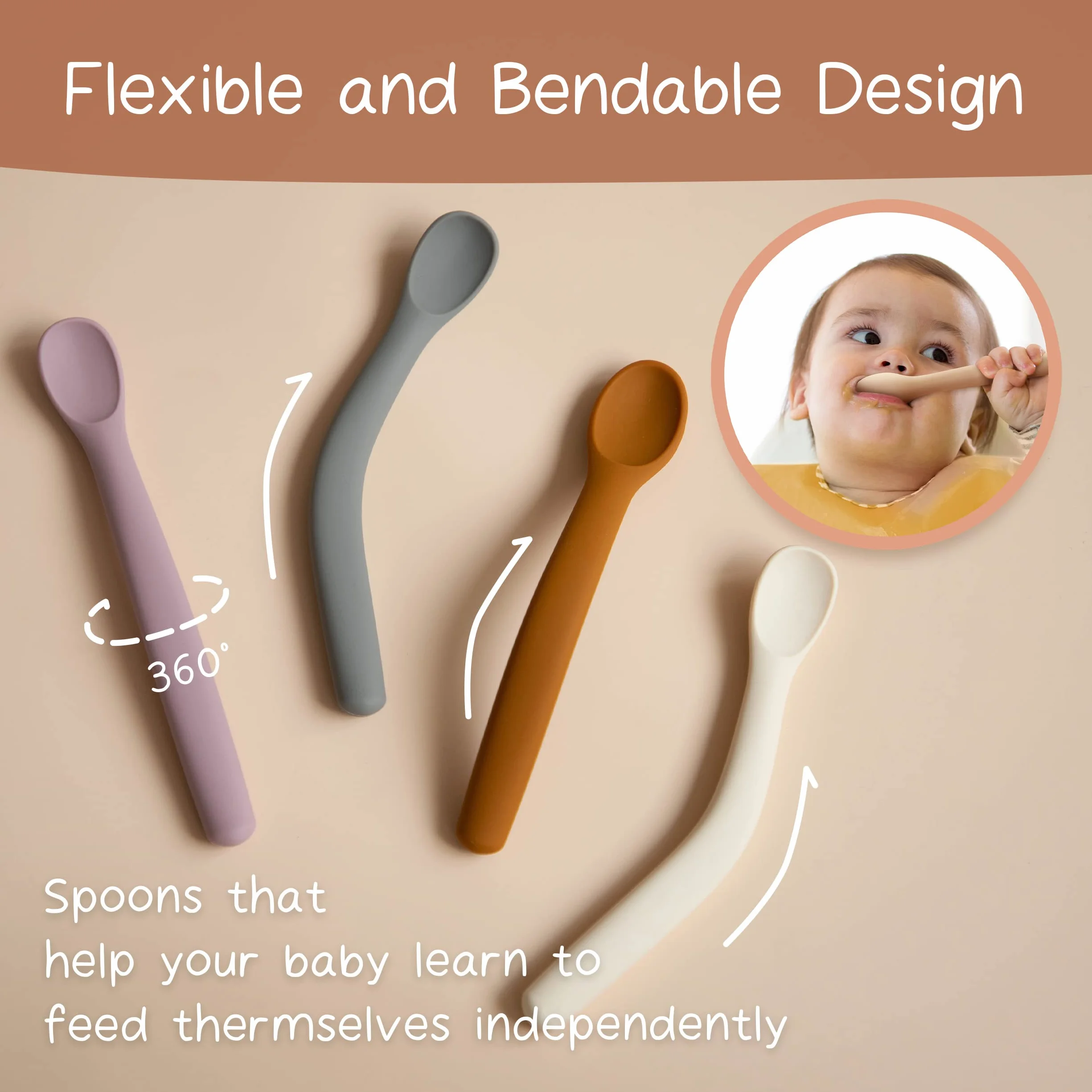 Moonkie Cuchara Bebe, 4 PCS Cucharas Silicona de Aprendizaje para Bebés, Blandas para Primera Fase, Suaves y Flexibles, Muy Adecuadas para Autoalimentación y Destete Guiado