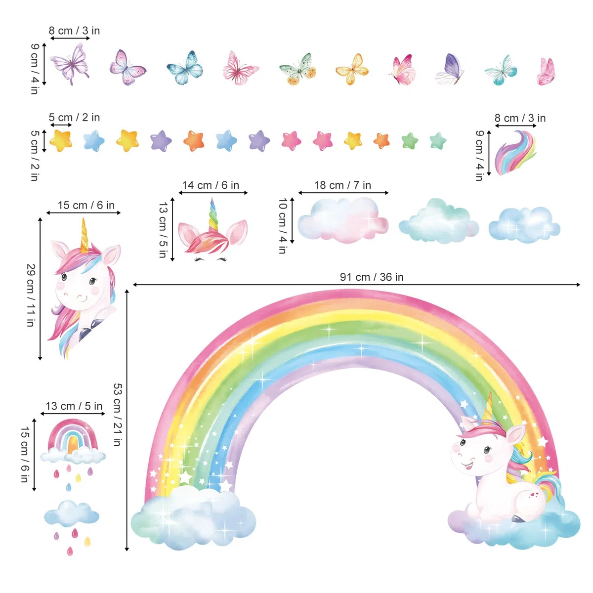 decalmile Pegatinas de Pared Arcoíris Unicornio Vinilos Decorativos Mariposas Nubes Estrella Adhesivos Pared Bebé Guardería Niñas Dormitorio