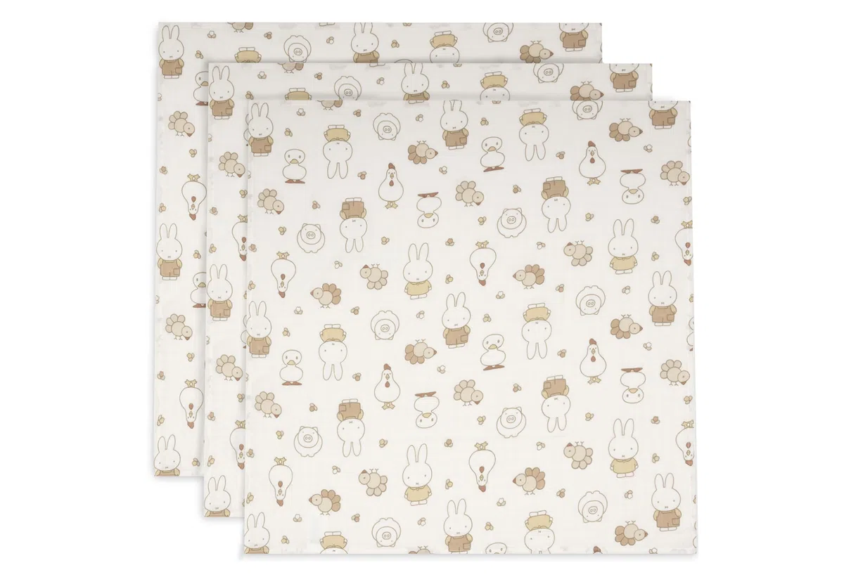 Jollein Paños de muselina para bebé – Miffy Family Farm – 70 x 70 cm – Paquete de 3 – 100 % algodón – Paños para eructar – Certificado OEKO-TEX