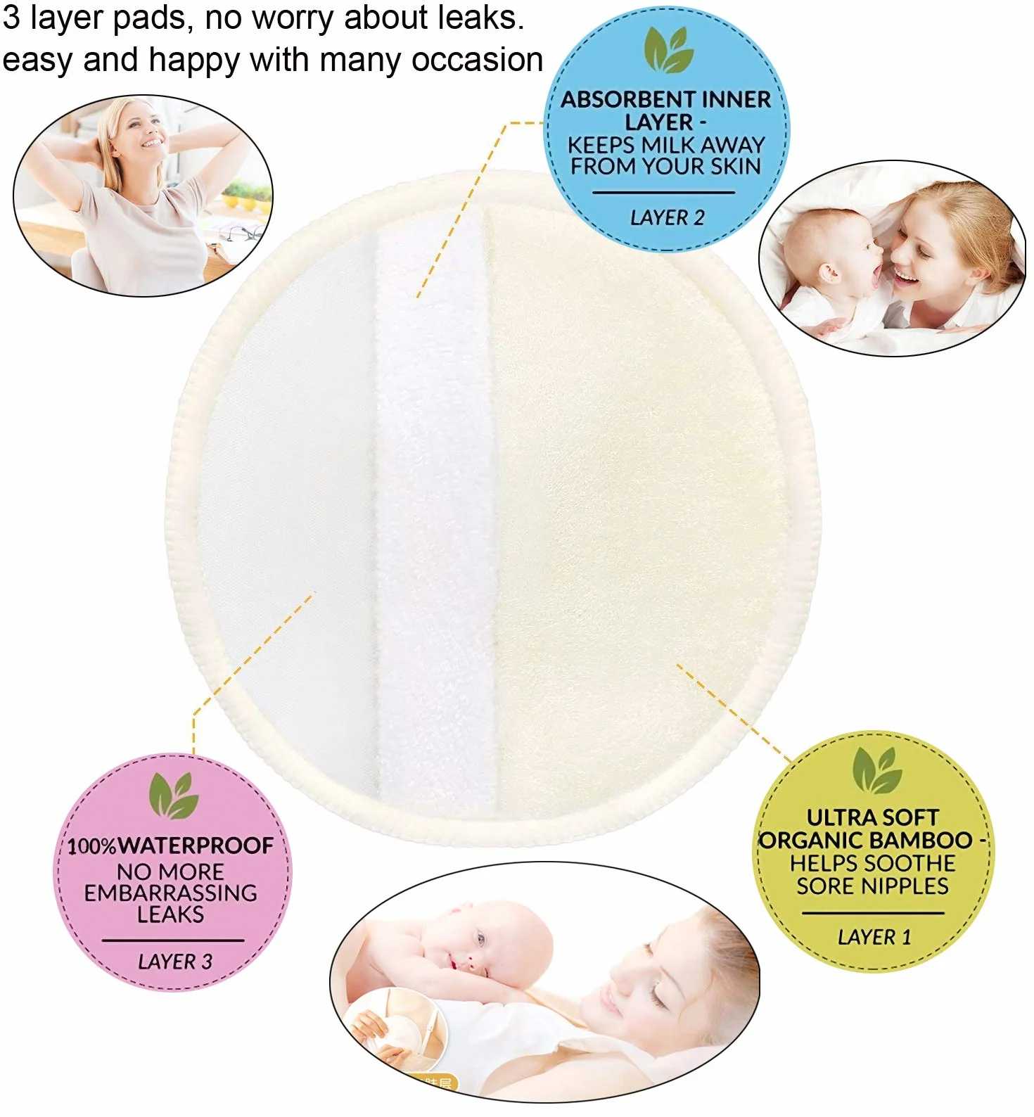 Pinowu Almohadillas de lactancia de bambú orgánico (12pcs), 11cm Súper Suaves y Absorbentes Hipoalergénico Discos de Lactancia, Ronda Cojines de Bra a Prueba de Fugas