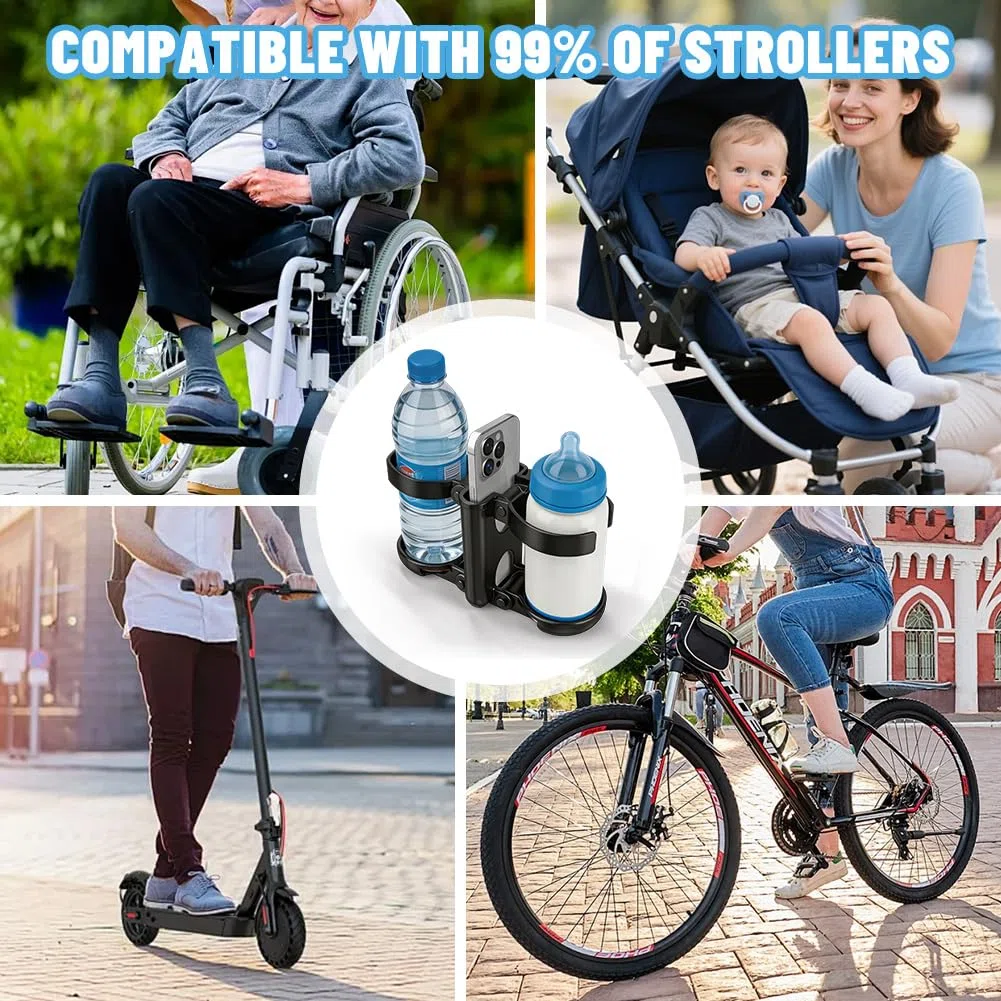 Soporte para bebidas 3 en 1, accesorios para cochecitos - Portavasos plegable con soporte para teléfono móvil, portabotellas universal para ABC Design Cybex, Bugaboo, bicicleta y silla de ruedas