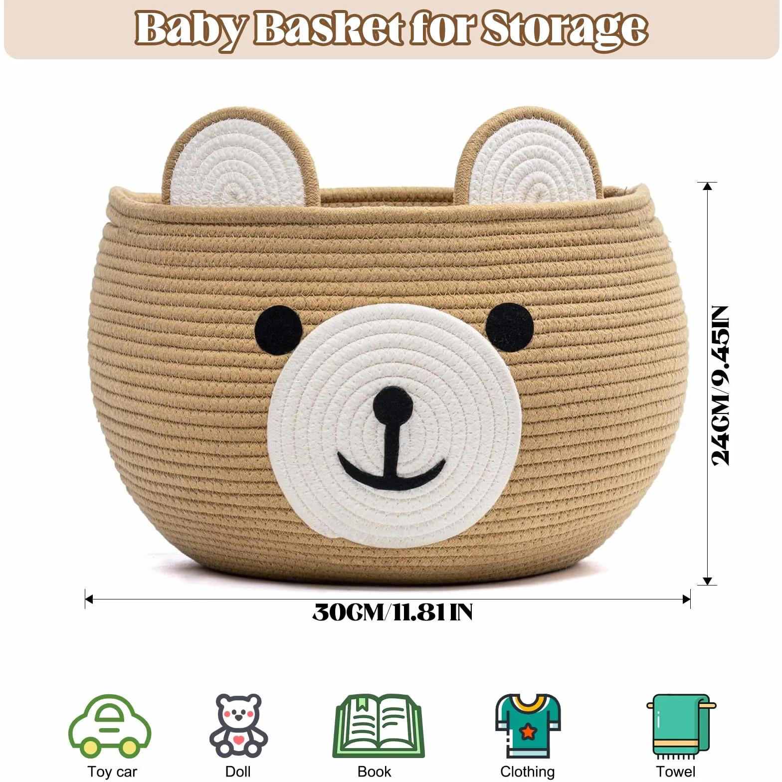 Cesta de almacenamiento para niños con forma de oso de cuerda de algodón redonda con asas ocultas