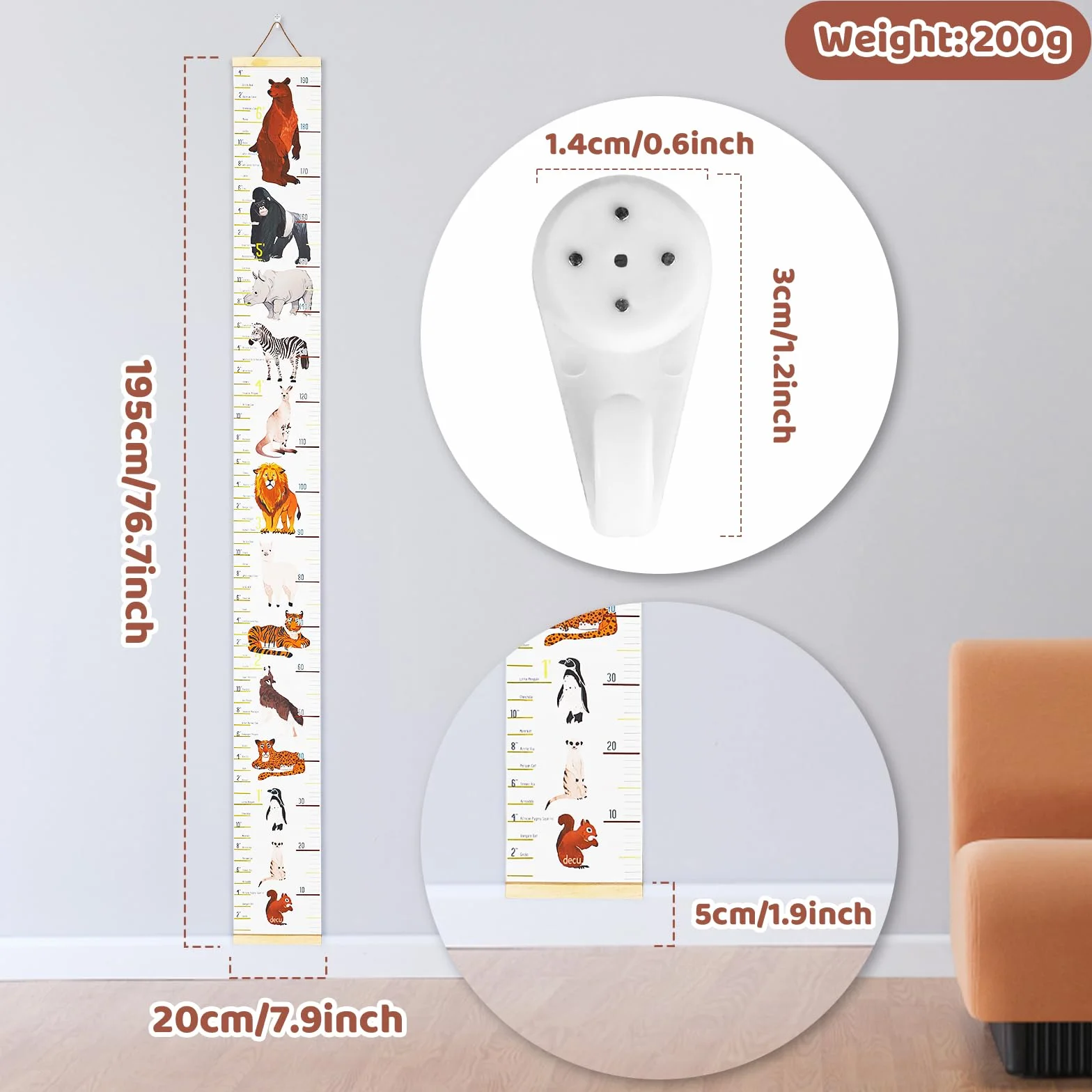 1 Medidor altura Gráficos de Crecimiento para Colgar en la Pared - Tabla de crecimiento de la altura del bebé- Diseño animal - Blanco - 195 x 20 cm - Sin rastro de gancho