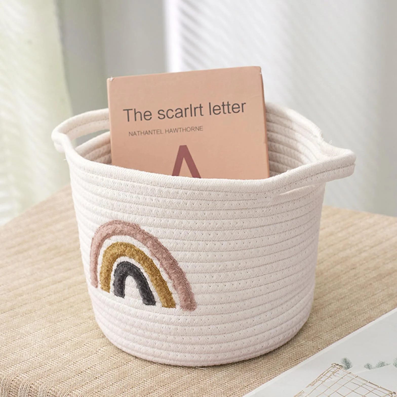 Cesta de almacenamiento tejida cuerda algodón arco iris decorativa para juguetes toallas ropa