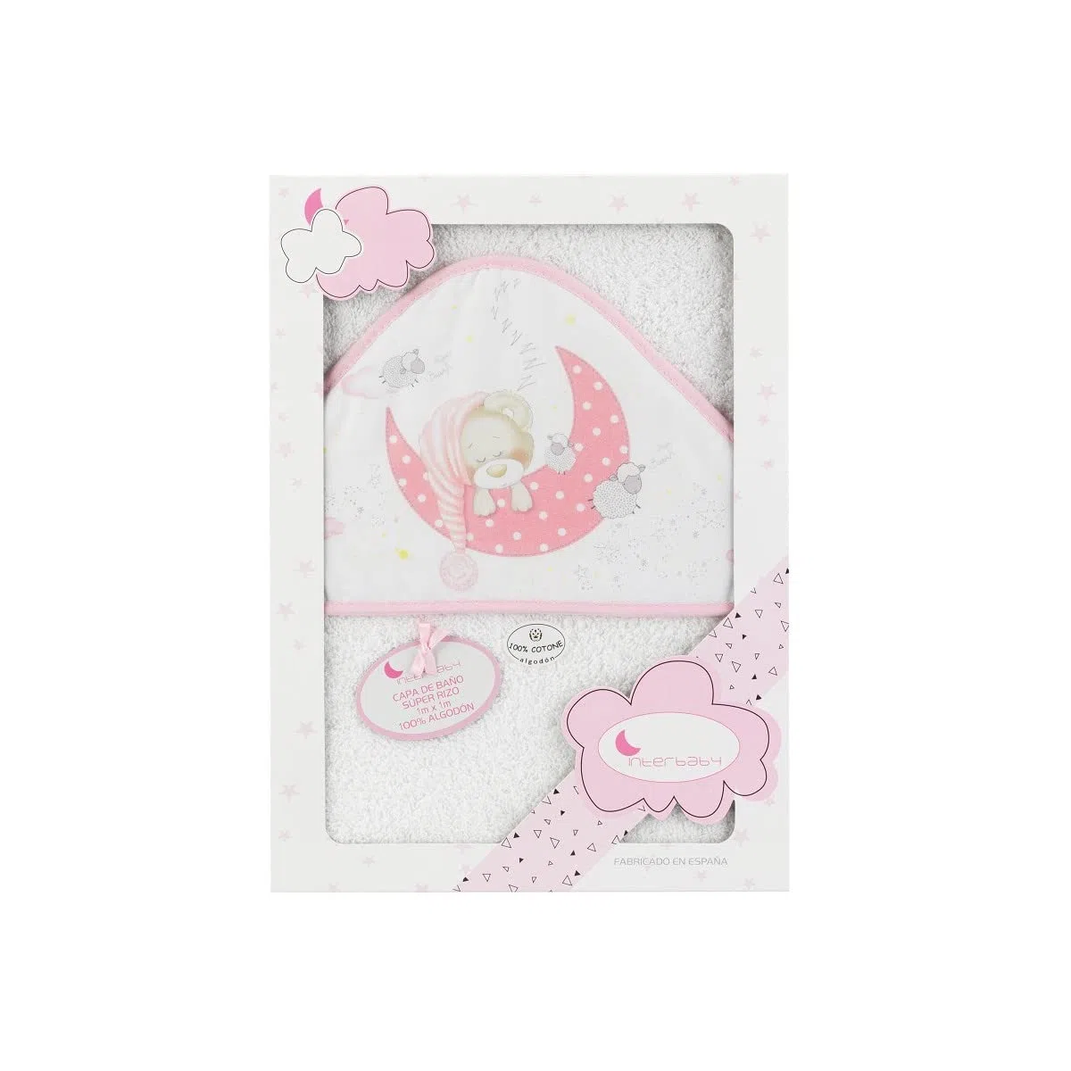 Interbaby - Capa de Baño Bebe Blanco/Rosa | Toalla Bebe con Capucha 100% Algodón, 100x100cm, Unisex | Suave, Cómoda, Secado Rápido | Ideal Recién Nacidos, Bebes y Niños Pequeños | Diseño Bear Sleeping