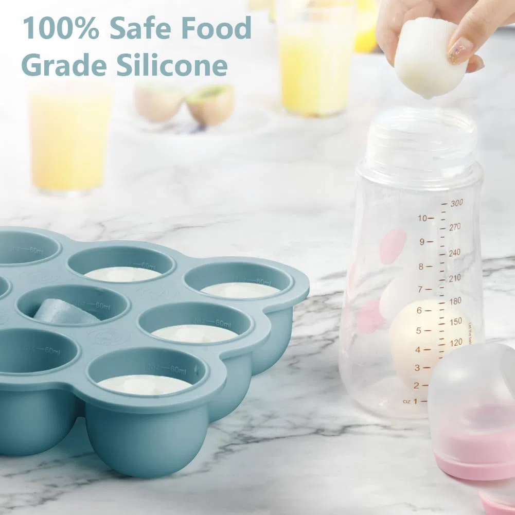 Aolso Recipiente para comida, Bandeja de Silicona para Comida,Silicona para Cubitos de Hielo, Envase de silicona para Congelar Alimentos y Papillas, Recipiente Molde para Comida,Azul -9cuadrados