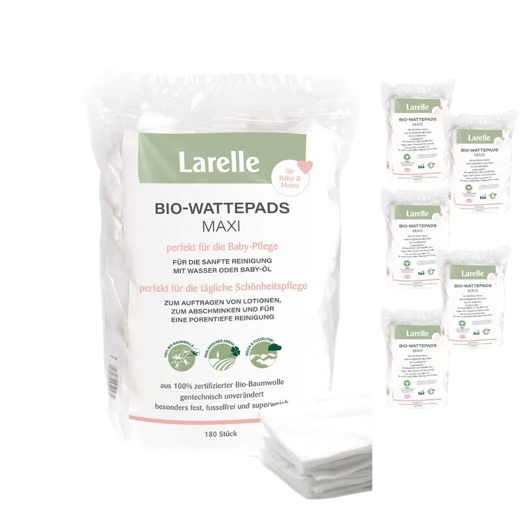 Larelle GOTS Ecocert - Almohadillas de algodón orgánico para mamá y bebé, 6 unidades, 1080 unidades, en paquete de almacenamiento, perfectas para el cuidado del bebé y el cuidado diario de belleza