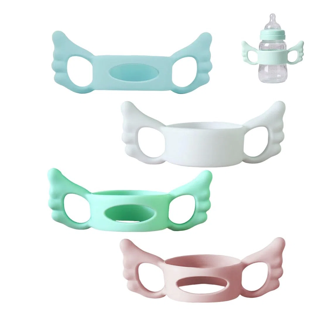 Paquete de 4 Asas para Biberones, Sujetadores de Silicona Multicolor, Adaptables y Faciles de Agarrar, Para Lactantes y Bebes, Aprendizaje de Alimentacion Independiente