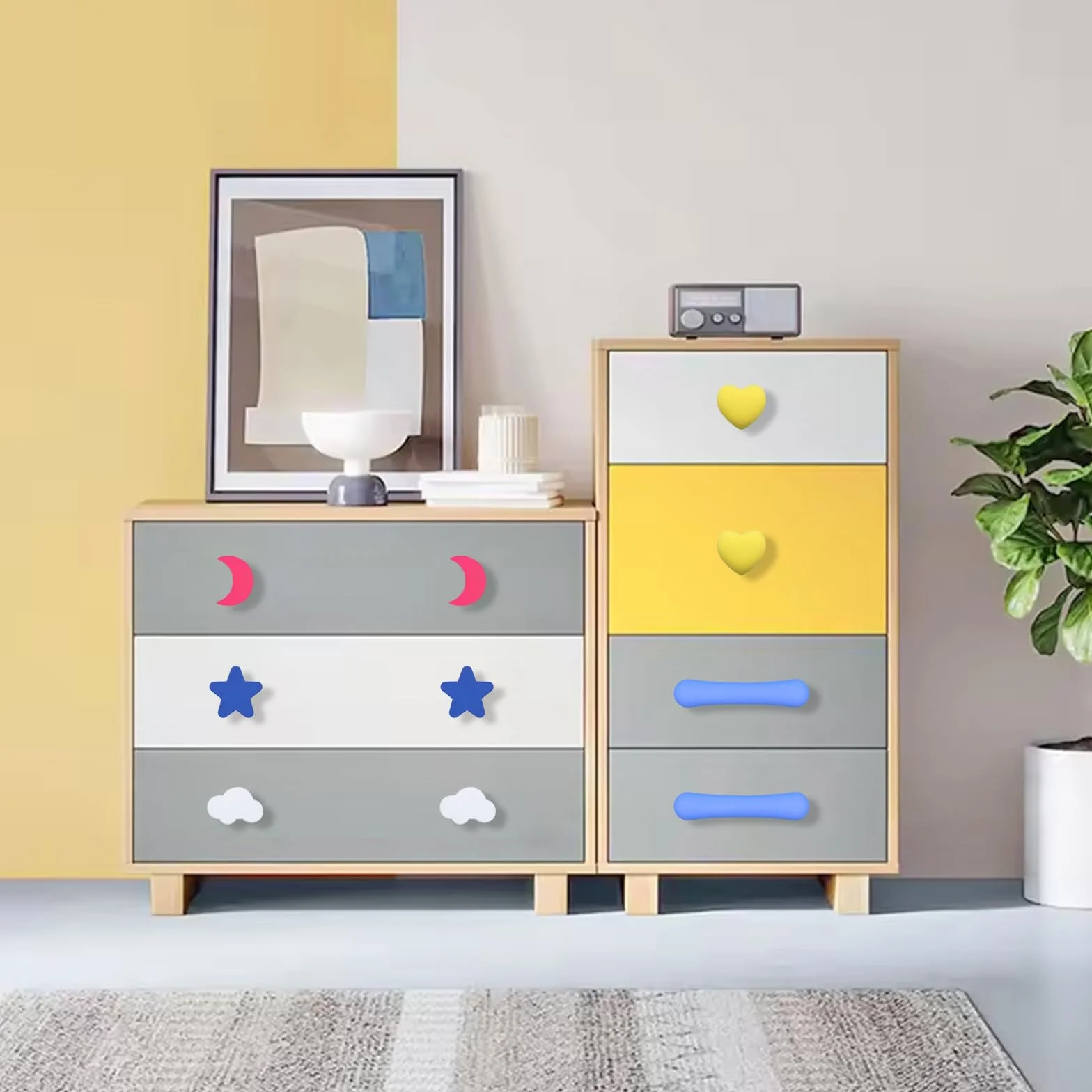 Tiradores para Armarios Infantiles, 10 Pcs Tiradores Cajones con Tornillos Mango Anticolisión de Goma Blanda de Cielo Estrellado de Dibujos Animados para Muebles de Dormitorio Infantiles