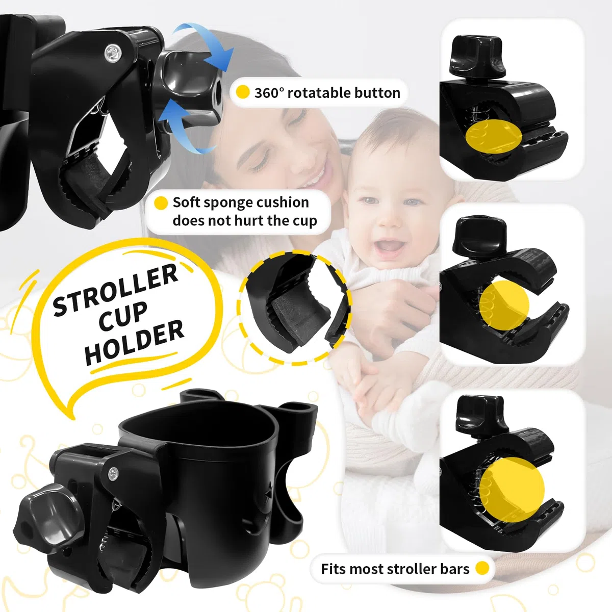 Portavasos Carrito Bebe con 2 Gancho Carro Bebe Ajustable y Versátil Porta Vasos para Biberones Bebidas Termos Vasos Teléfonos Móviles,Soporte Botella Bicicleta para Sillas de Ruedas Carritos