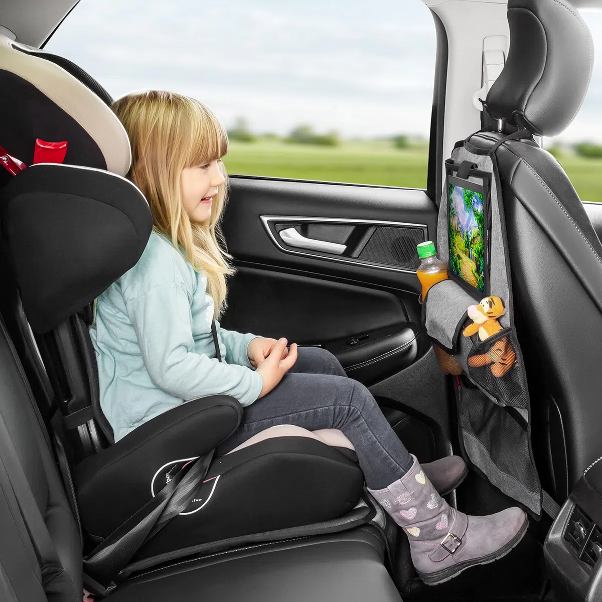 Reer 86051 Organizador para Asiento Trasero De Coche con Compartimento para Tableta, Color Gris, 1000 ml