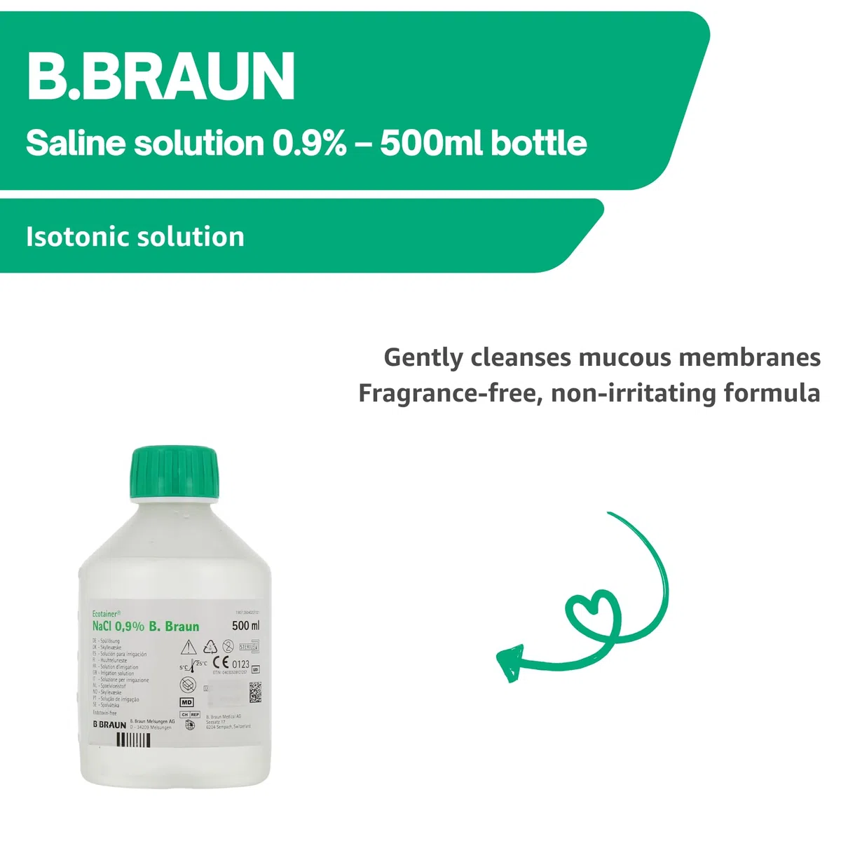 B. Braun NaCl 0,9% – Solución salina fisiológica estéril 500 ml – Para lavado nasal, ducha nasal y limpieza de heridas – Apta para bebés y adultos