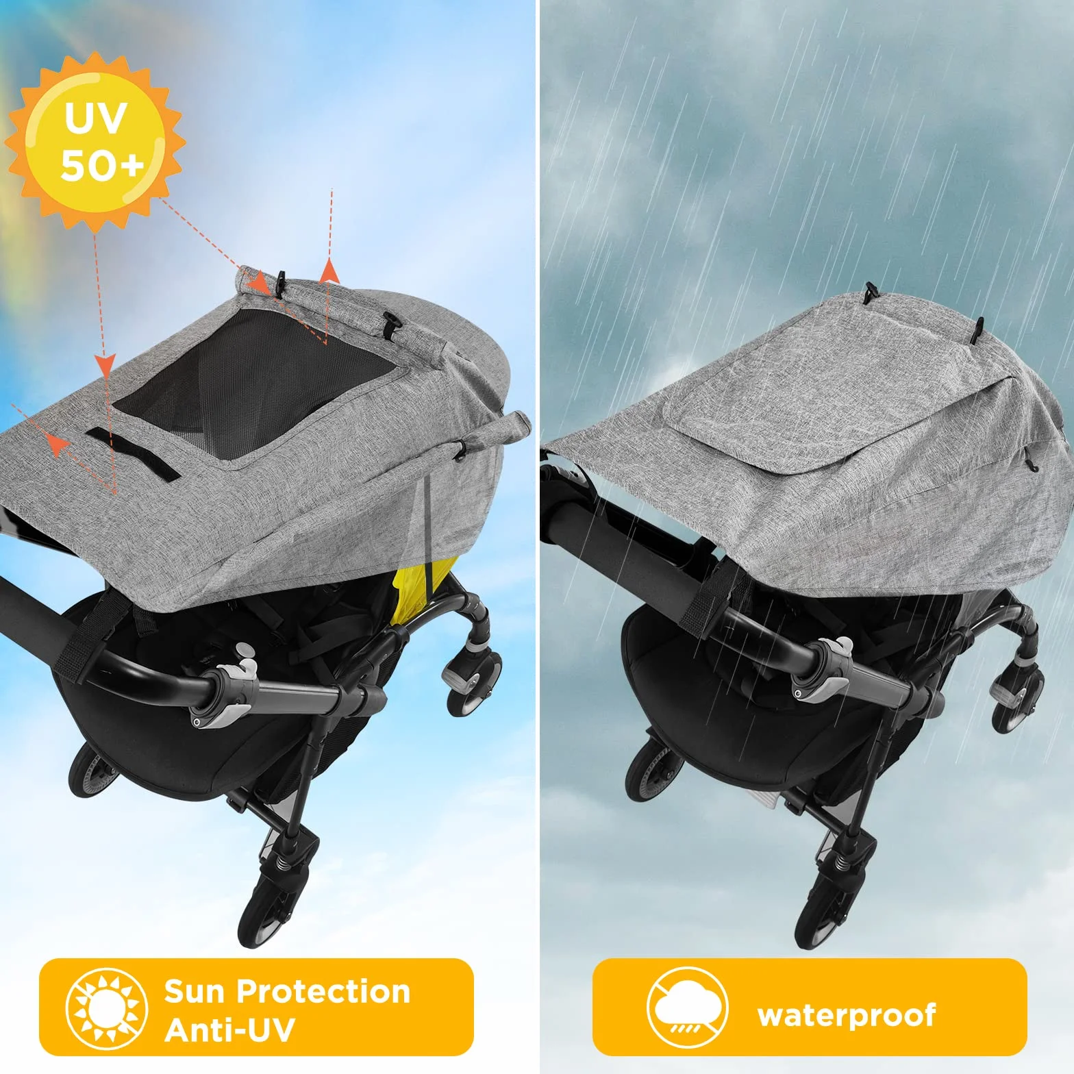 WD&CD Parasoles para Silla de Paseo, Impermeable Funda para Cochecito de Bebé, Toldo Oscuro Universal para Bebés Cochecitos- Parasol Ajustable con Protección UV 50+, Gris