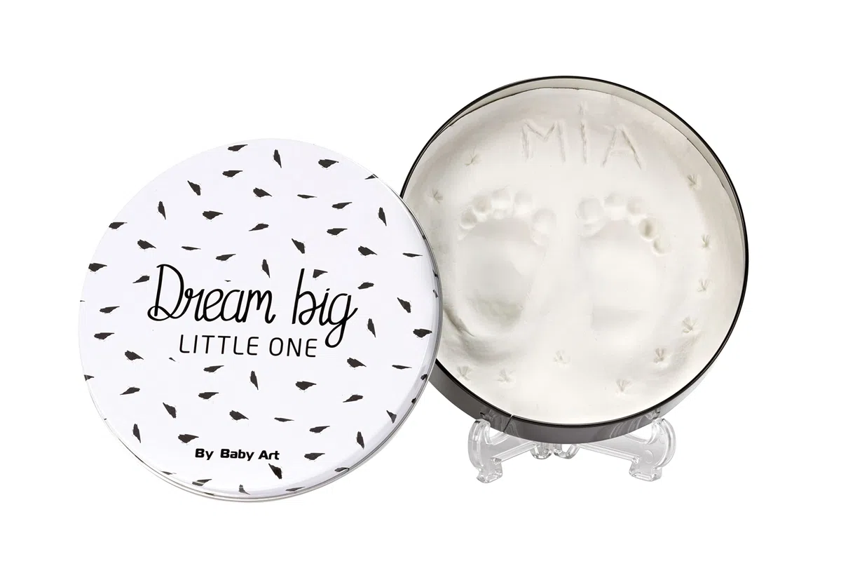Baby Art Magic Box White and Black - Caja redonda de metal con kit de pasta moldeable, kit de huellas de manos y pies de bebé, regalo para nacimiento o bautizo, Blanco y negro