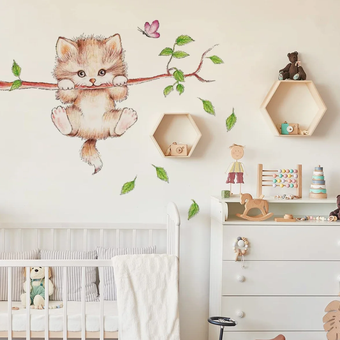 WandSticker4U®- Pegatinas pared infantiles GATO en RAMA (70x55 cm) I vinilo adhesivo pared infantil animales bosque árbol rama hojas I decoración habitación infantil niños bebé niña