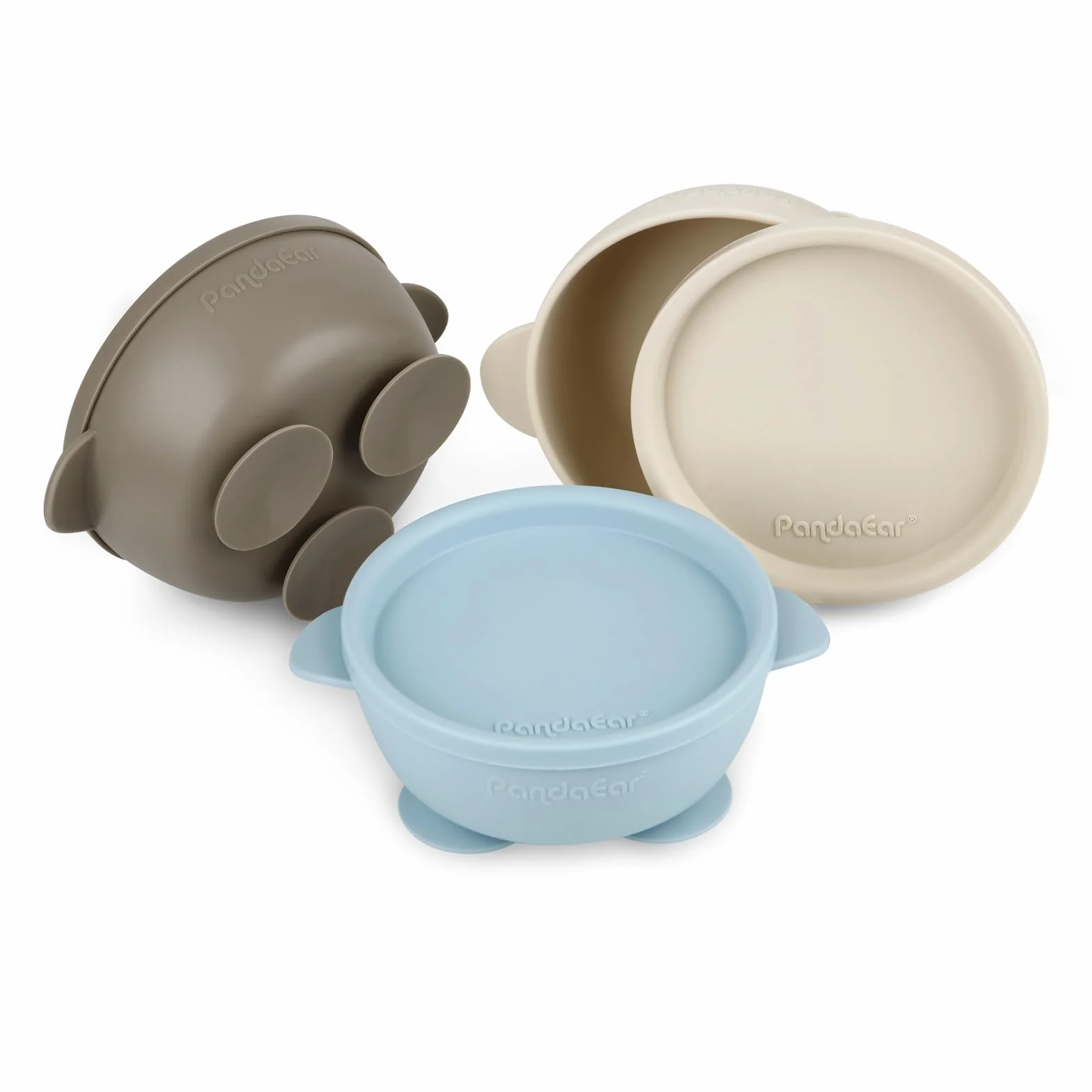 PandaEar 3 Tazones de Succión para Bebé con Tapa | Tazón de Silicona Antideslizante a Prueba de Fugas para Bebés, Niños, Niños Pequeños, Infantes | Silicona Alimentaria Suave, Segura y Libre de BPA