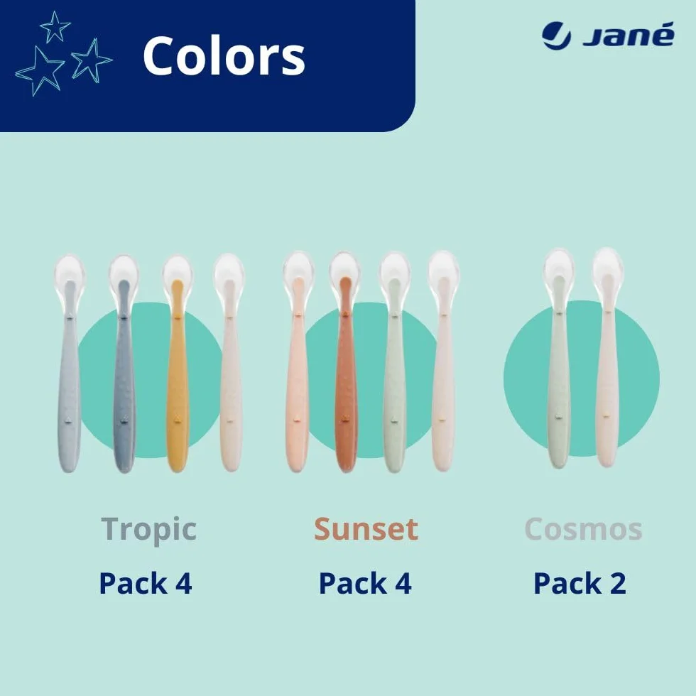 Jané Cucharas de Silicona Bebé, 4 pcs Cuchara Aprendizaje, Punta Silicona Blanda, Libre BPA, Apto Lavavajillas, Color Sunset