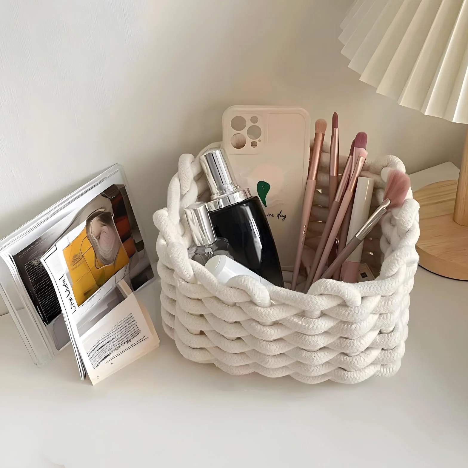 Canasta de cuerda de algodón tejida, canasta de almacenamiento de cuerda, organizador de baño, cesta de almacenamiento para armario de guardería (Blanco)