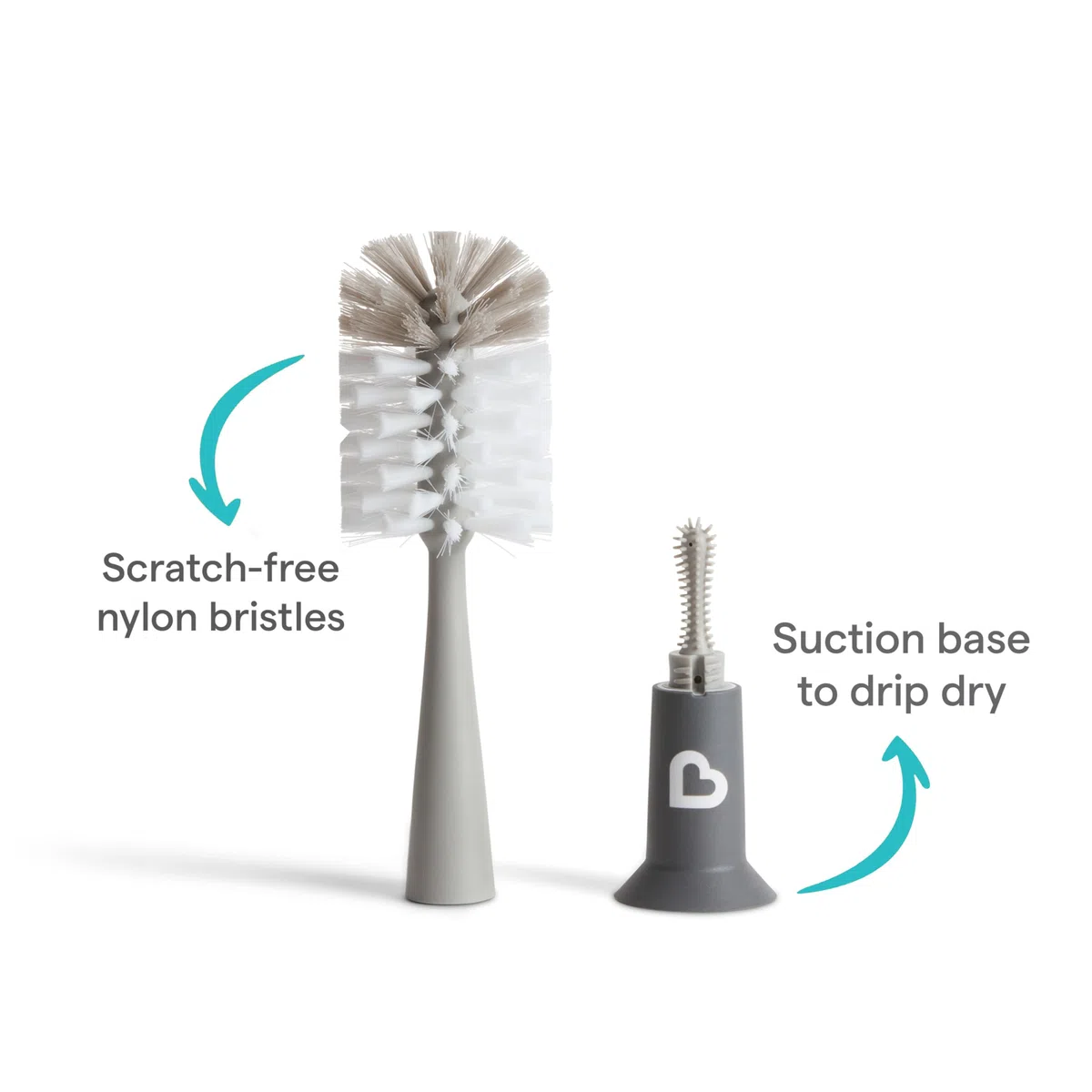 Cepillo para biberones Munchkin con cerdas | Cepillo para botellas con limpiador de tetinas integrado | Cepillos Deluxe de limpieza | Esenciales para recién nacidos | Gris | Pack de 2
