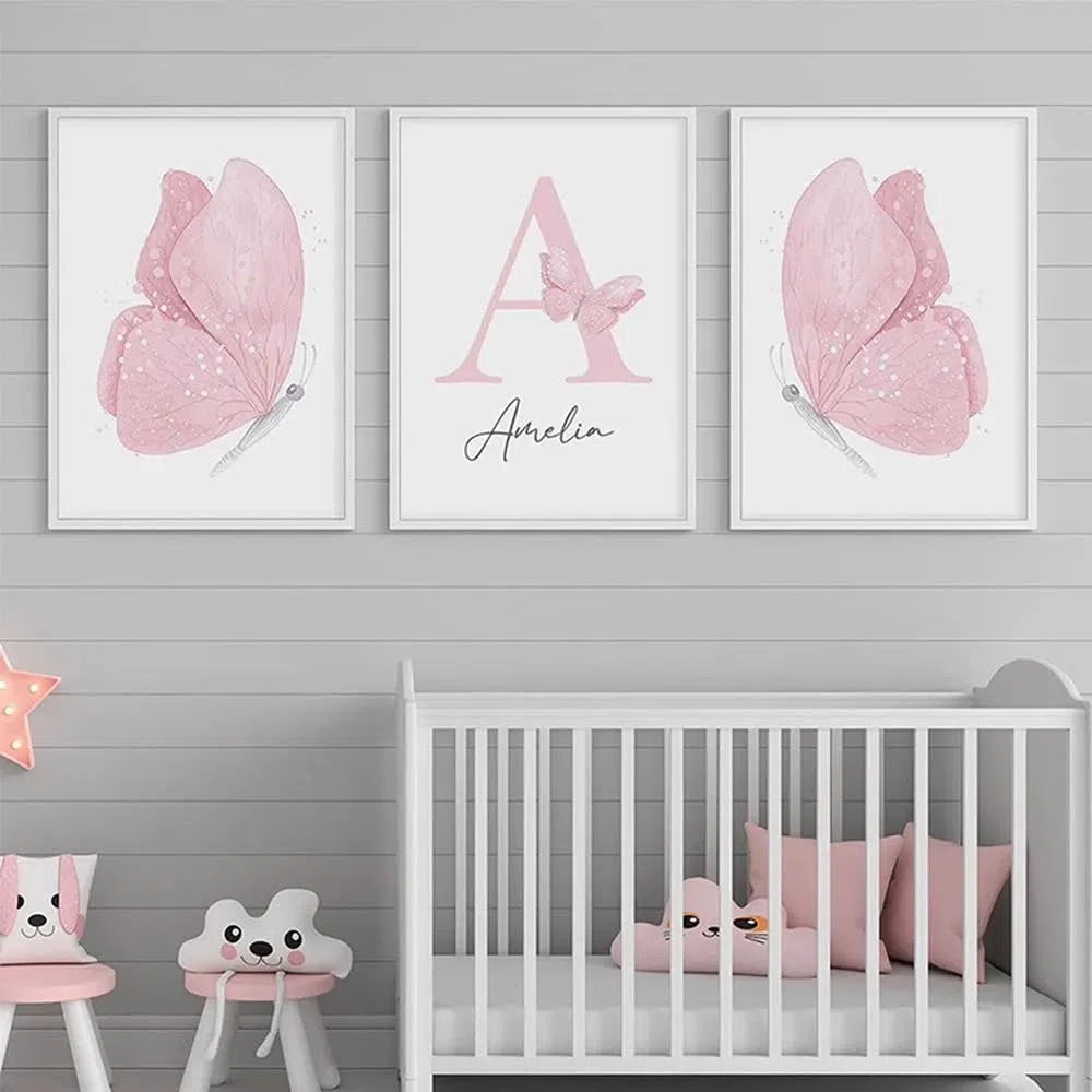 3 Laminas Habitacion Niña 30X40CM Cuadros Mariposas Poster Rosa Lienzo Habitacion Bebe Infantil Laminas Personalizadas Bebe Cuadros Decoracion Niña sin Marco