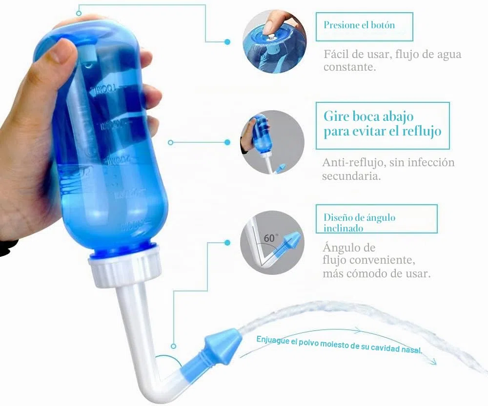 WATERPULSE Neti Pot Sinus Botella de enjuague 300 ml, limpiador de nariz, con 30 paquetes de sal y un termómetro, del limpiador nasal Riego a presión para adultos y niños, sin BPA,Azul