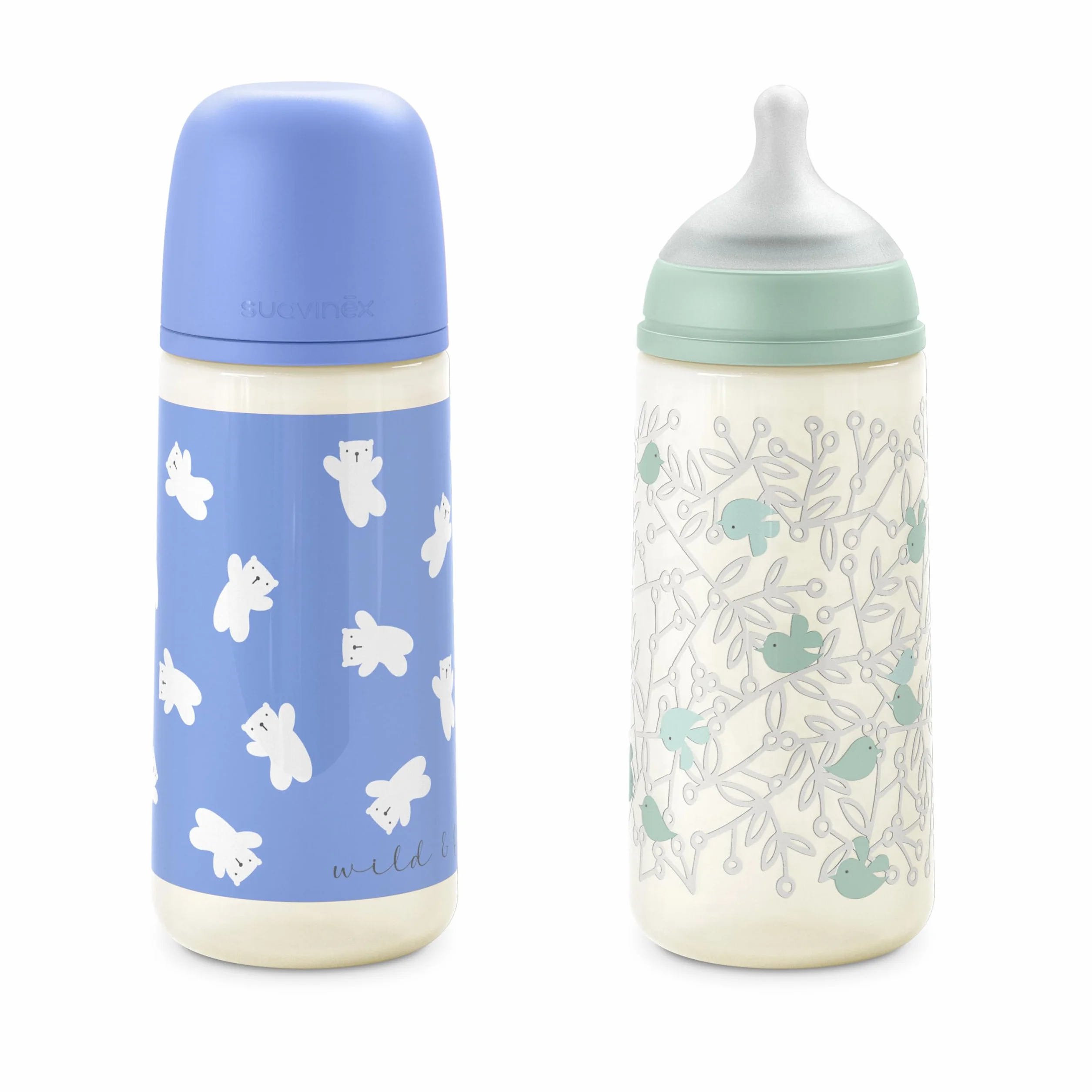 Suavinex, Pack 2 Biberones de 360 ml, Tetina Fisiológica SX Pro de Silicona con Válvula Anticólico, de Flujo Denso (L), Apto Papillas Líquidas. Bebés +6 Meses. Birdies y Wild&Free, Azul