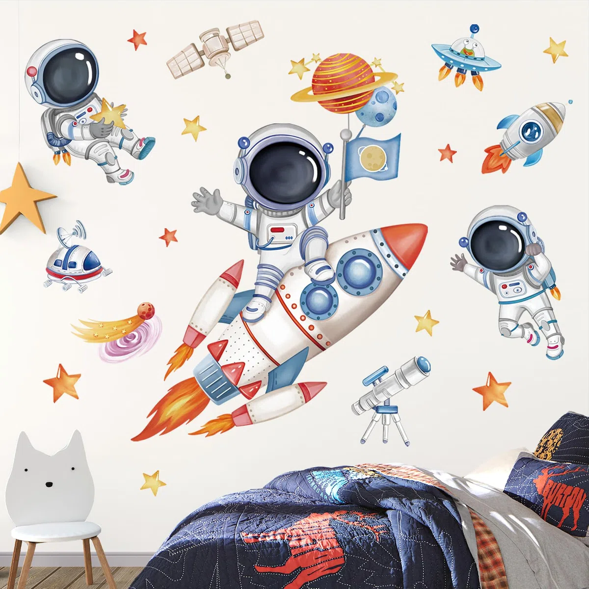 wondever Pegatinas de Pared Astronauta Cohetes Planetas Espacio Exterior Adhesivos Pared Decorativos Sistema Solar Vinilos Pared para Habitación Niño Bebés Dormitorio Guardería