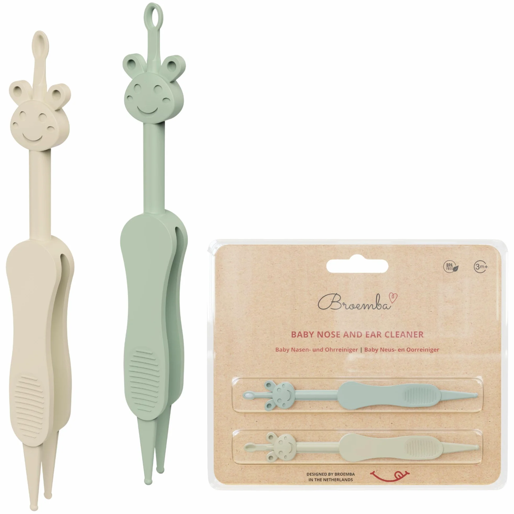 Limpiador de nariz y oídos para bebés con pinzas - Alternativa 3 en 1 al aspirador nasal - Sin BPA - Verde/Beige