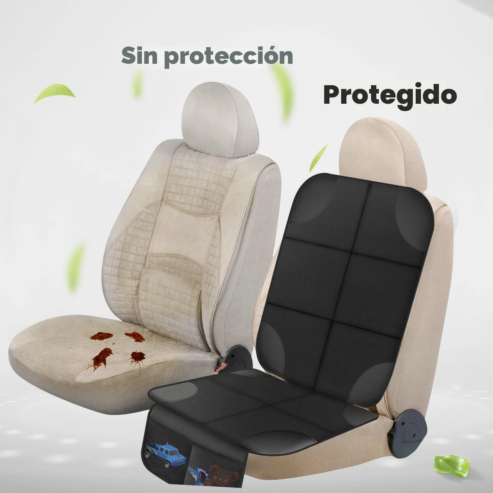 AiQInu Protector Asiento Coche Impermeable Antideslizante Compatible Niño 2 Bolsillos Almacenaje Cuero Tela