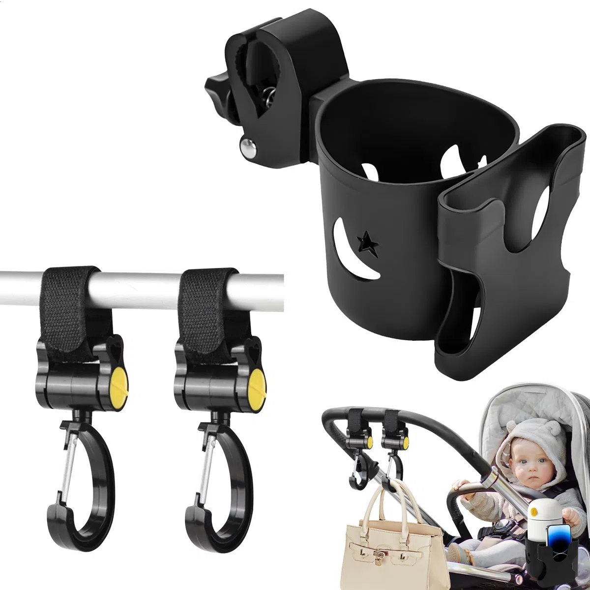 Portavasos Carrito Bebe con 2 Gancho Carro Bebe Ajustable y Versátil Porta Vasos para Biberones Bebidas Termos Vasos Teléfonos Móviles,Soporte Botella Bicicleta para Sillas de Ruedas Carritos